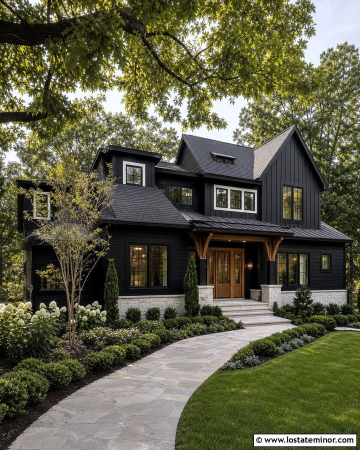 Jet Black House With Mixed Dormer Shapes - 30 Jet Black House Design With Dormers Ideas