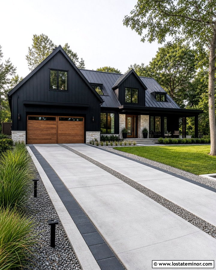 Jet Black House With Mixed Material Driveway - 30 Jet Black House Design With Driveway Ideas