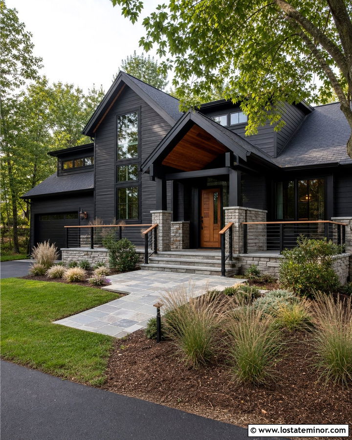 Jet Black House With Mixed Material Railings - 30 Jet Black House Design With Railings Ideas