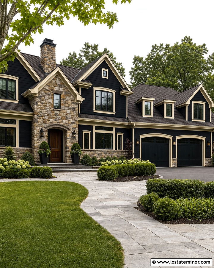 Jet Black House With Mixed Stone And Cream Trim - 30 Jet Black House Design With Trim Ideas