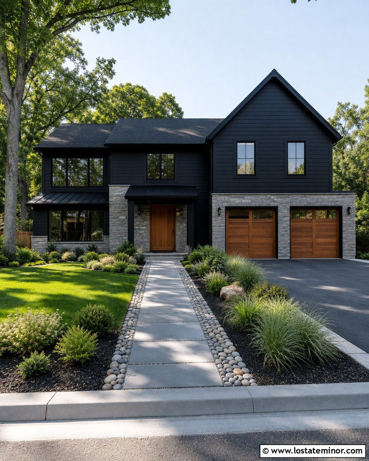 Jet Black House With Mixed Stone Paver Walkway - 30 Jet Black House Design With Walkway Ideas