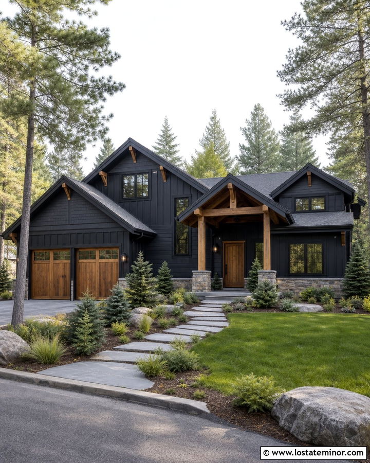 Jet Black House With Mixed Wood And Stone - 30 Jet Black House Design With Accents Ideas