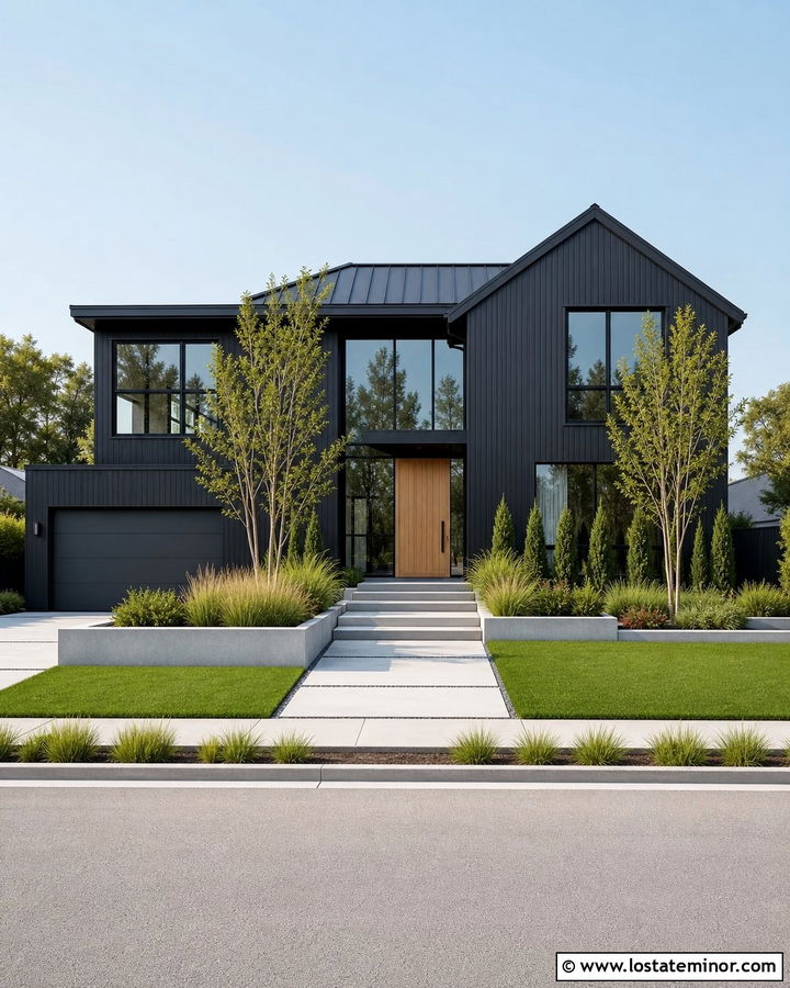 Jet Black House With Modern Concrete Planters - 30 Jet Black House Design With Landscaping Ideas