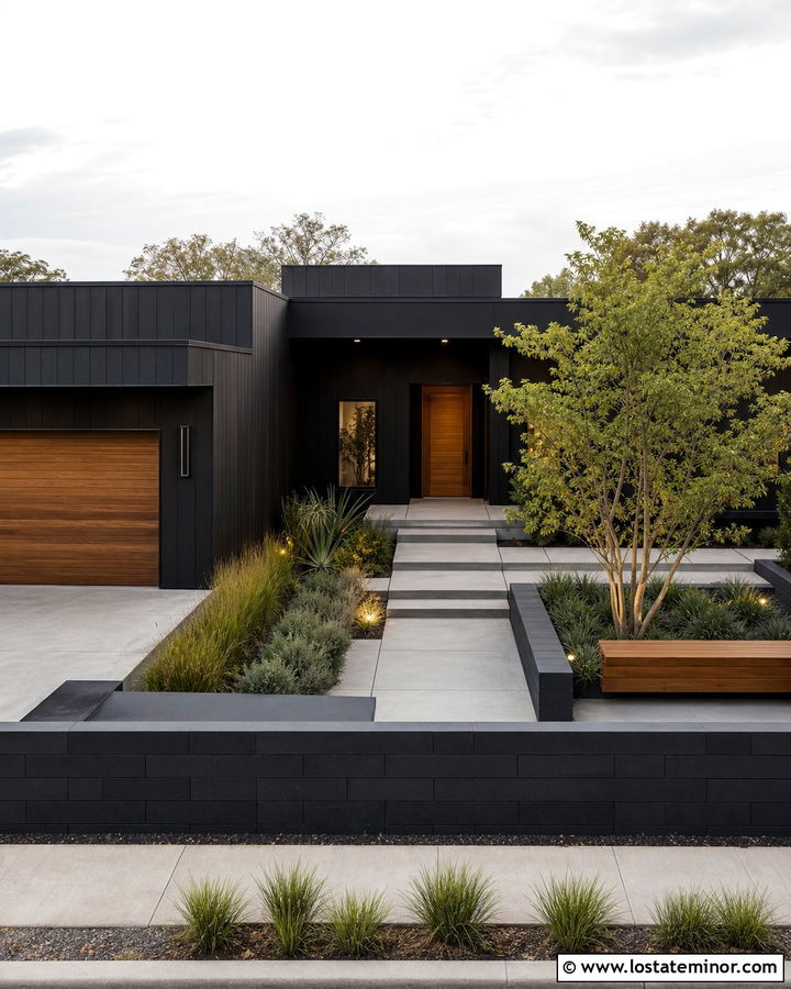 Jet Black House With Modern Courtyard Front Yard - 30 Jet Black House Design With Front Yard Ideas
