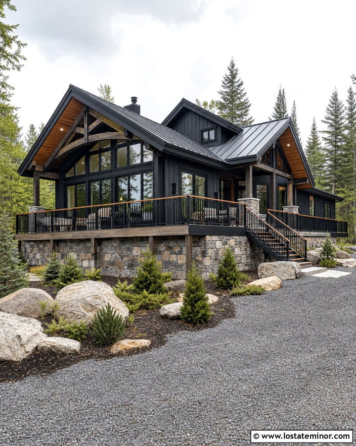 Jet Black House With Mountain Steel Railings - 30 Jet Black House Design With Railings Ideas