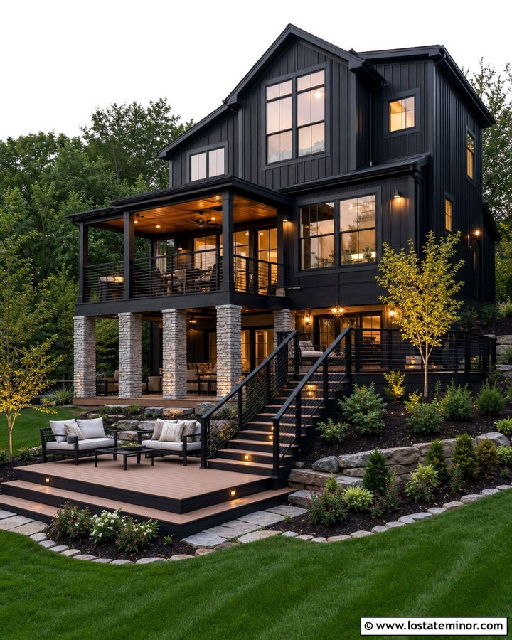 Jet Black House With Multilevel Entertaining Deck - 30 Jet Black House Design With Deck Ideas