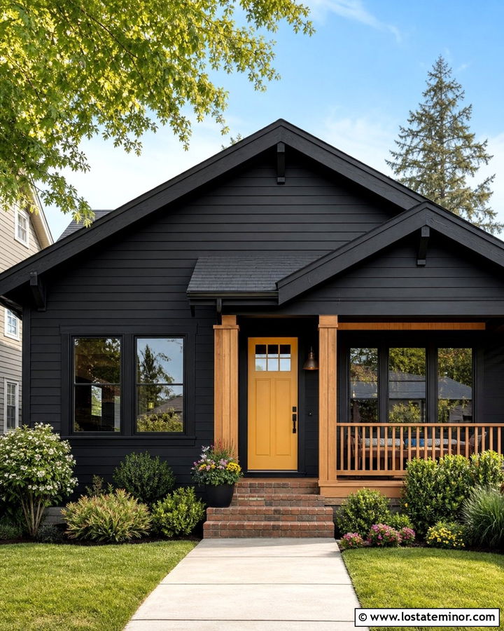 Jet Black House With Mustard Yellow Door - 30 Jet Black House Design With Accents Ideas