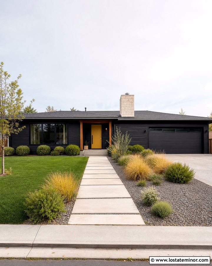 Jet Black House With Mustard Yellow Entry Door - 30 Jet Black House Design With Entry Door Ideas