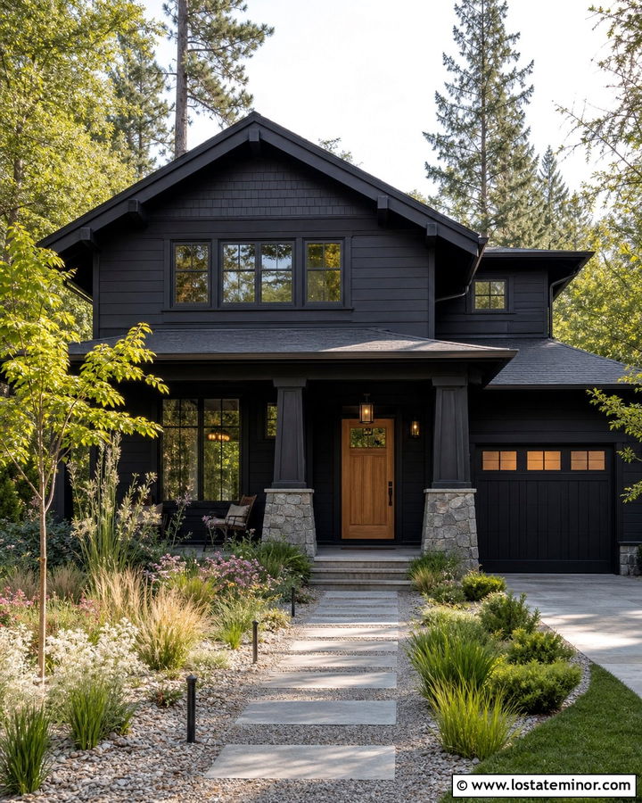 Jet Black House With Native Plant Landscaping - 30 Jet Black House Design With Landscaping Ideas