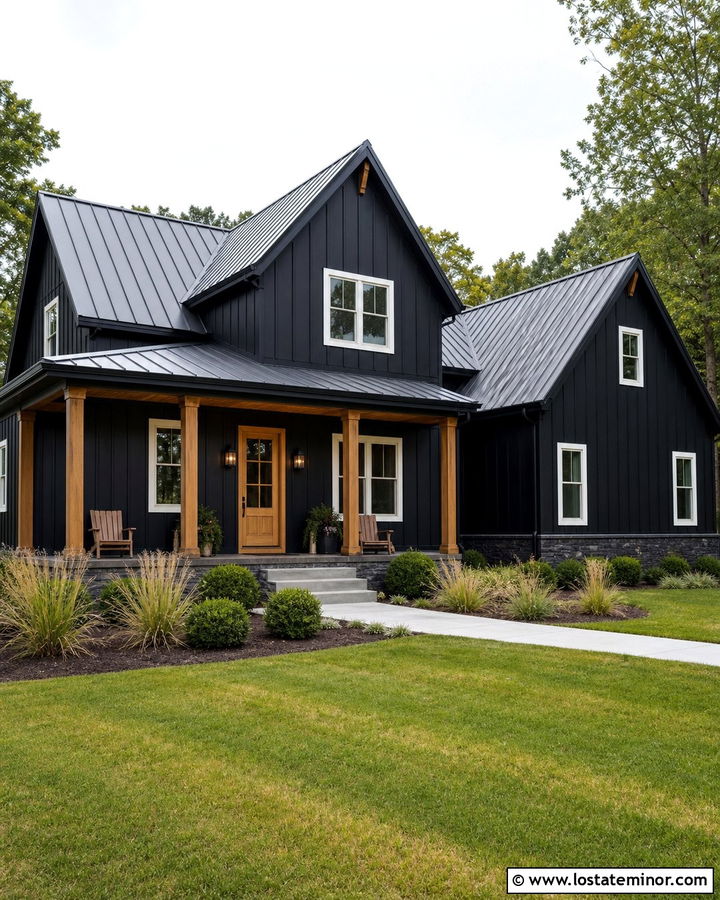Jet Black House With Natural Cedar Entry Door - 30 Jet Black House Design With Entry Door Ideas