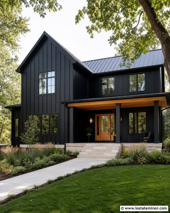 Jet Black House With Natural Oak Front Door - 30 Jet Black House Design With Front Door Ideas