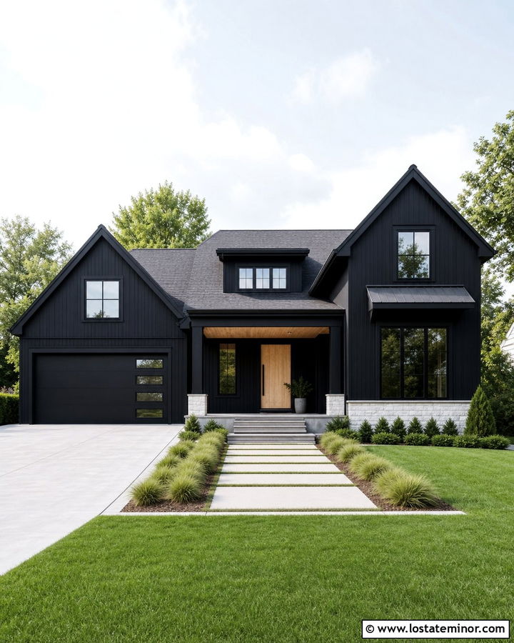Jet Black House With Natural Oak Porch Ceiling - 30 Jet Black House Design With Porch Ceiling Ideas