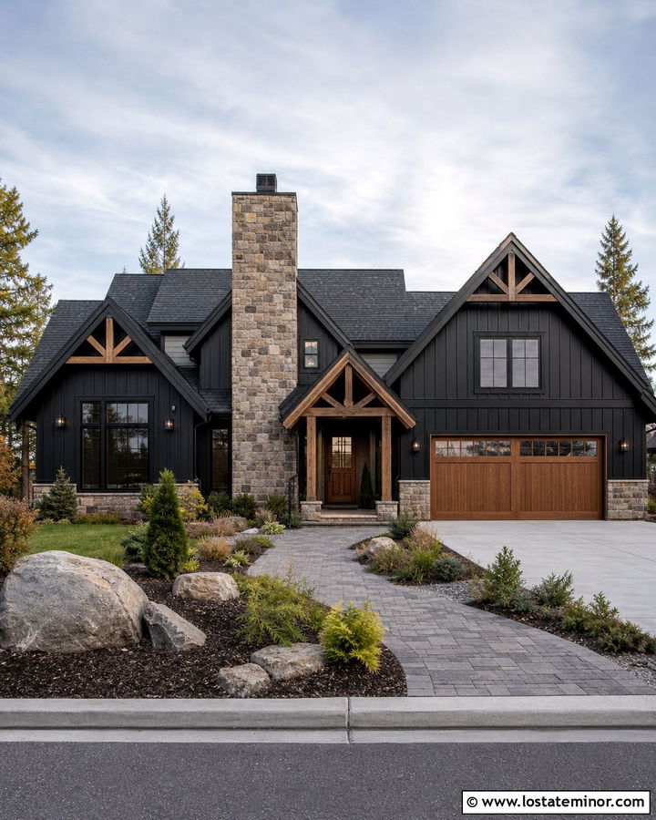 Jet Black House With Natural Stone Chimney - 30 Jet Black House Design With Chimney Ideas