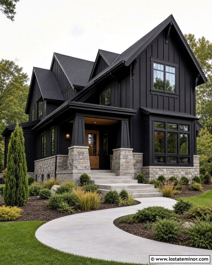 Jet Black House With Natural Stone - 30 Jet Black House Design With Accents Ideas