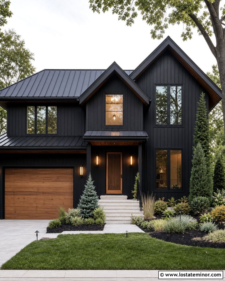 Jet Black House With Natural Wood Door And Retractable Storm Door - 30 Jet Black House Design With Storm Door Ideas