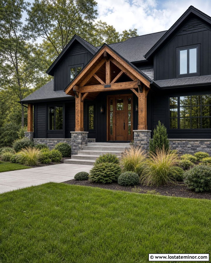 Jet Black House With Natural Wood Portico - 30 Jet Black House Design With Portico Ideas