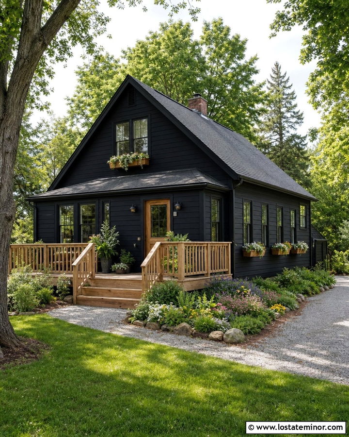 Jet Black House With Natural Wood Railings - 30 Jet Black House Design With Railings Ideas