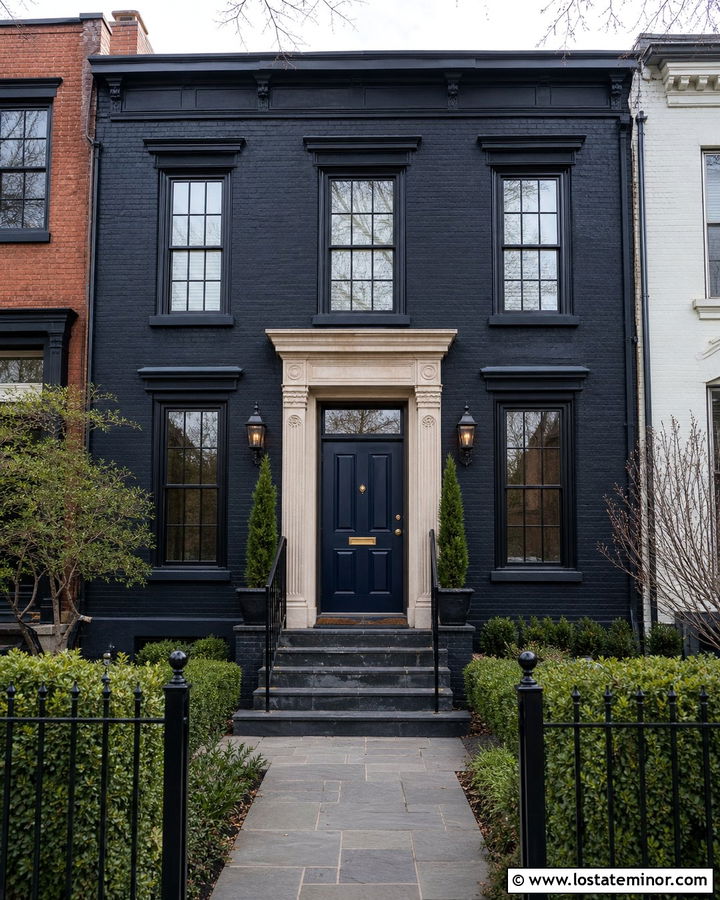 Jet Black House With Navy Blue Entry Door - 30 Jet Black House Design With Entry Door Ideas