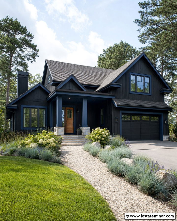Jet Black House With Navy Blue Trim - 30 Jet Black House Design With Trim Ideas