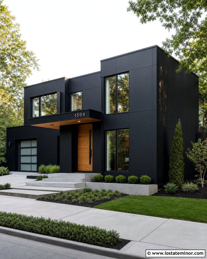 Jet Black House With Numbers On Entry Canopy - 30 Jet Black House Design With House Numbers Ideas