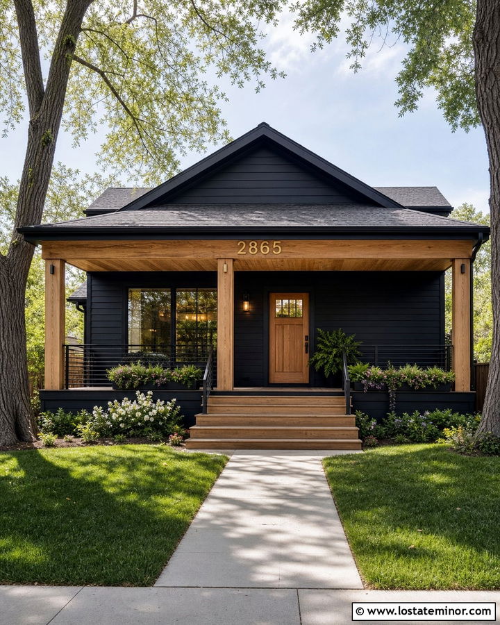Jet Black House With Numbers On Porch Beam - 30 Jet Black House Design With House Numbers Ideas