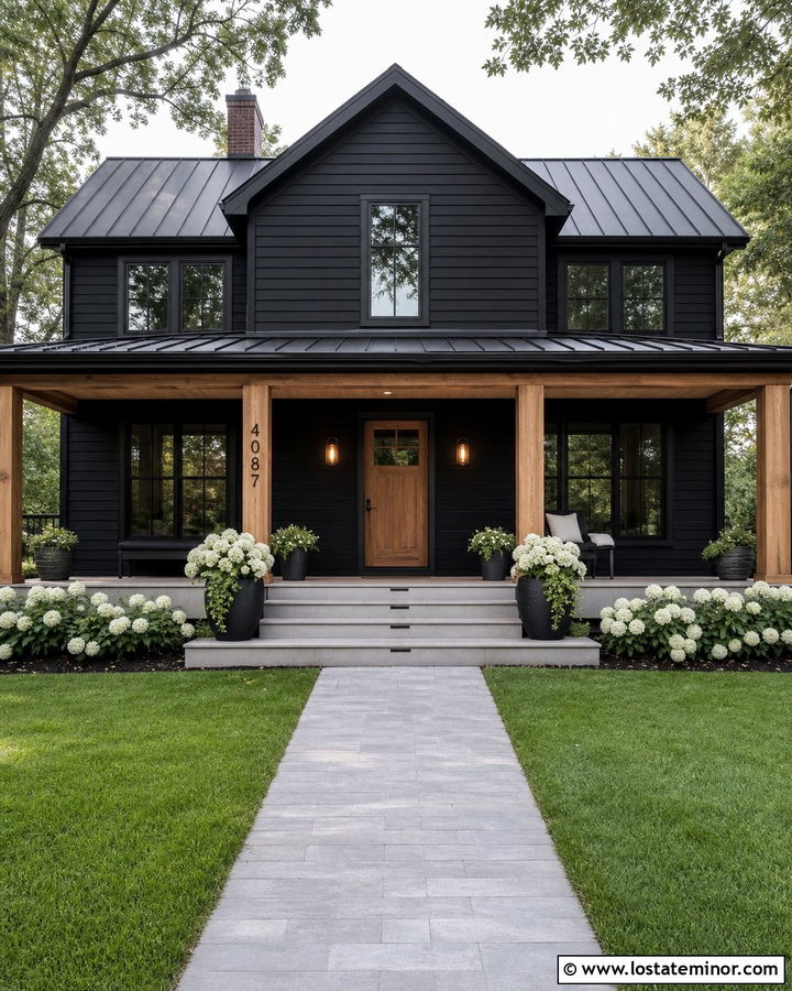 Jet Black House With Numbers On Porch Column - 30 Jet Black House Design With House Numbers Ideas