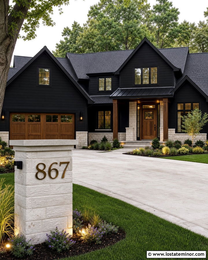 Jet Black House With Numbers On Stone Pillar - 30 Jet Black House Design With House Numbers Ideas