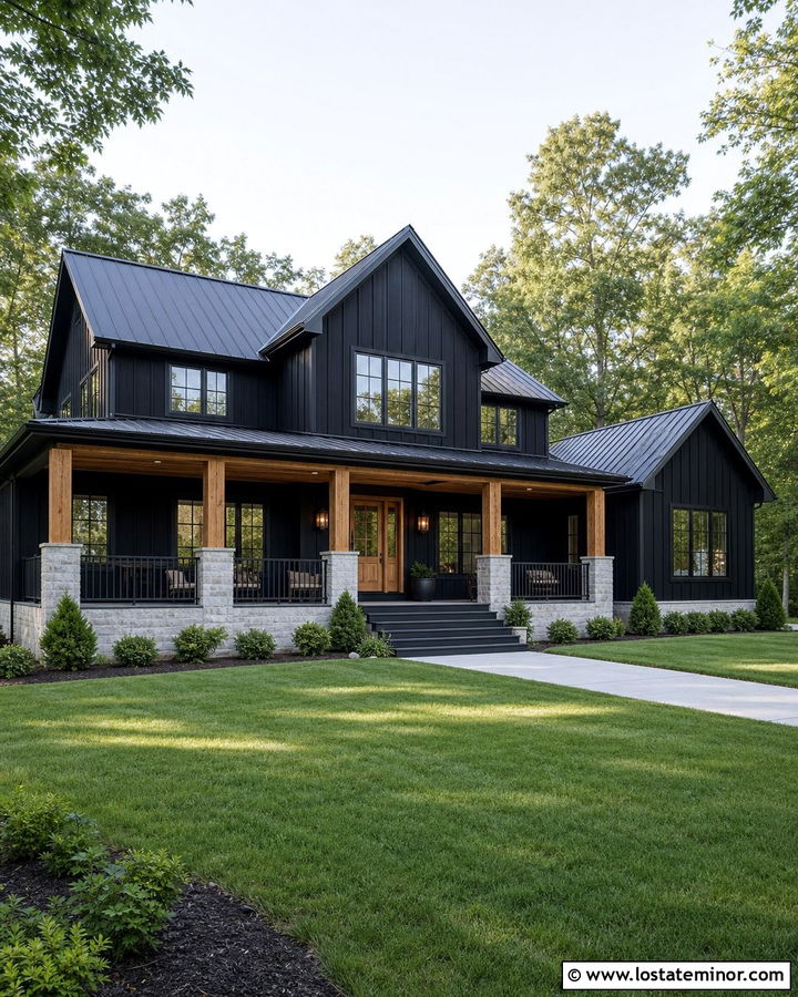 Jet Black House With Oak Porch Columns - 30 Jet Black House Design With Accents Ideas
