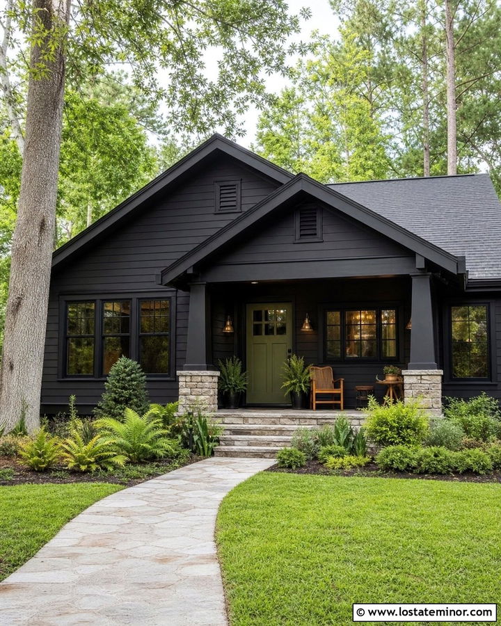 Jet Black House With Olive Green Door - 30 Jet Black House Design With Accents Ideas