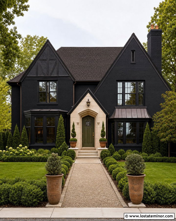 Jet Black House With Olive Green Front Door - 30 Jet Black House Design With Front Door Ideas
