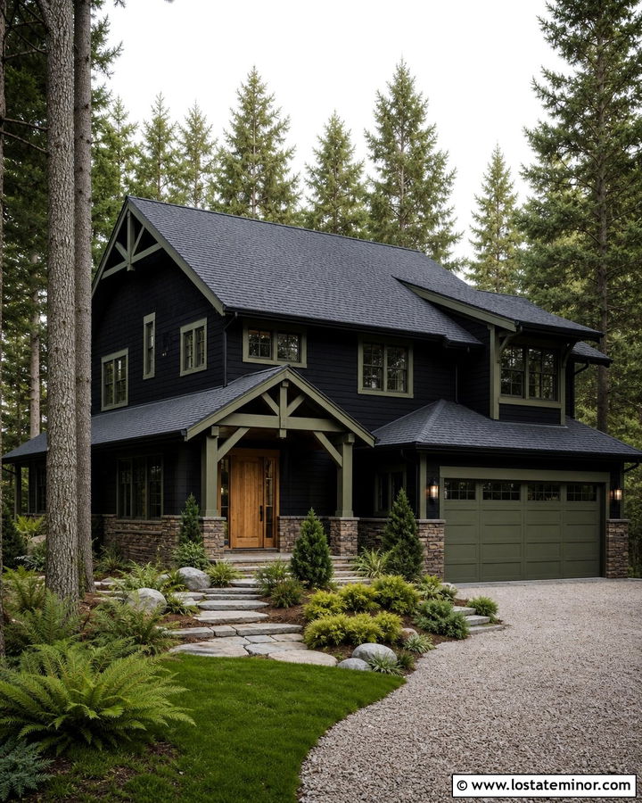 Jet Black House With Olive Green Trim - 30 Jet Black House Design With Trim Ideas