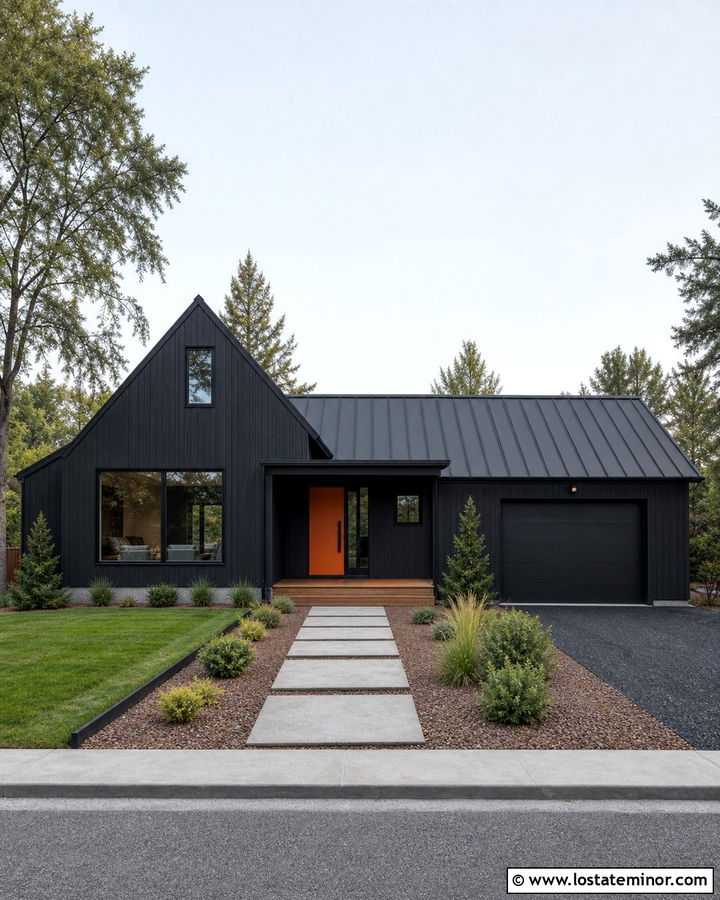 Jet Black House With Orange Front Door - 30 Jet Black House Design With Front Door Ideas