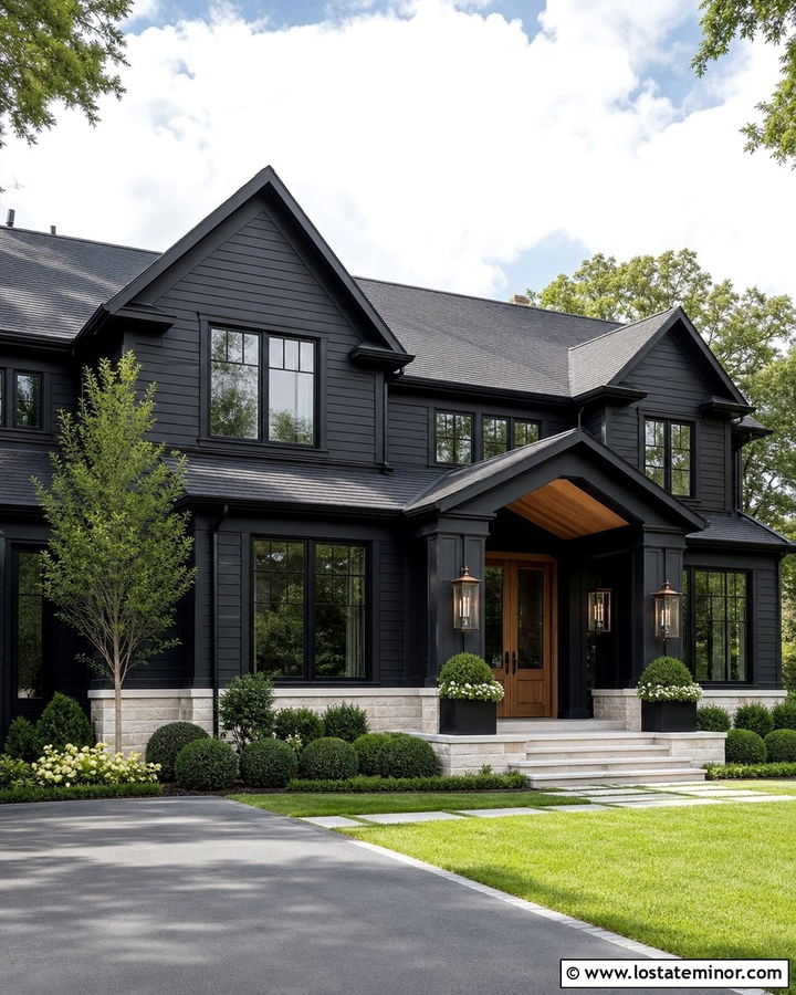 Jet Black House With Oversized Glass Lanterns - 30 Jet Black House Design With Light Fixtures Ideas