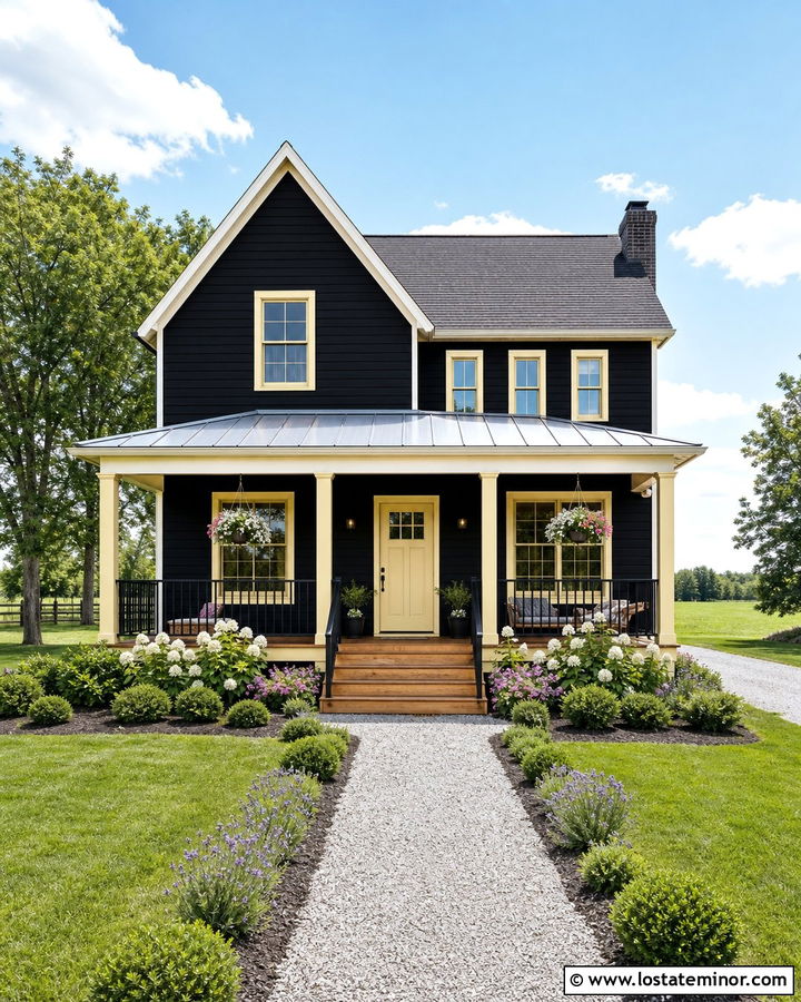 Jet Black House With Pale Yellow Trim - 30 Jet Black House Design With Trim Ideas