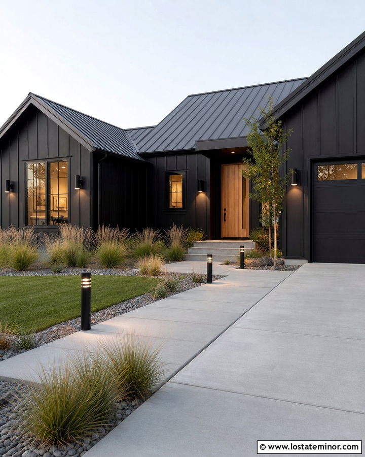 Jet Black House With Pathway Bollard Lights - 30 Jet Black House Design With Light Fixtures Ideas