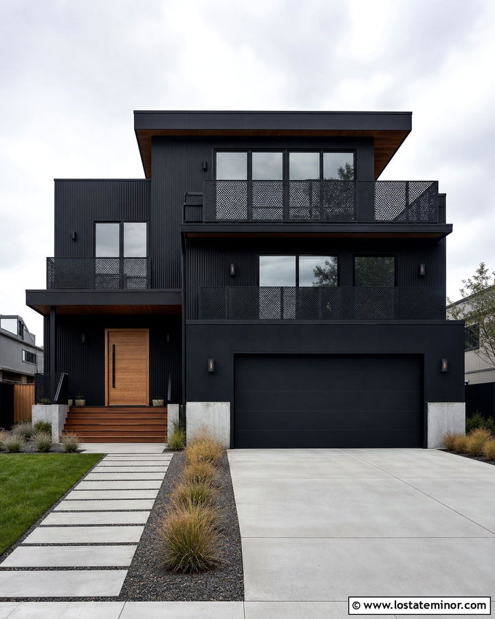 Jet Black House With Perforated Metal Railings - 30 Jet Black House Design With Railings Ideas