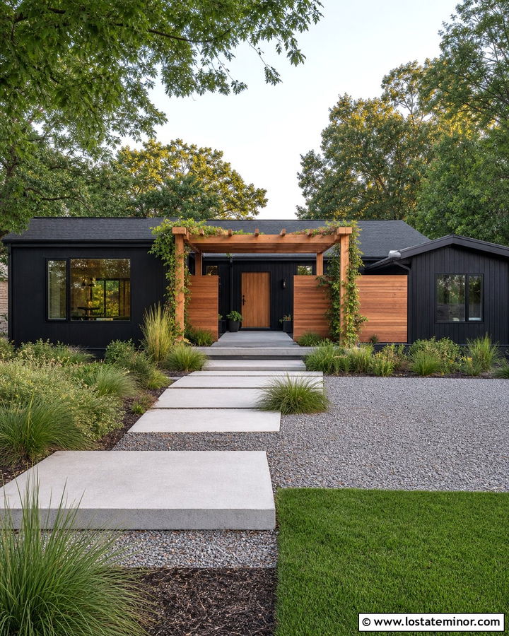 Jet Black House With Pergola And Green Roof - 30 Jet Black House Design With Pergola Ideas