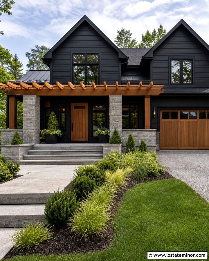 Jet Black House With Pergola And Stone Columns - 30 Jet Black House Design With Pergola Ideas