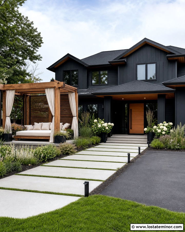 Jet Black House With Pergola Daybed - 30 Jet Black House Design With Daybed Ideas
