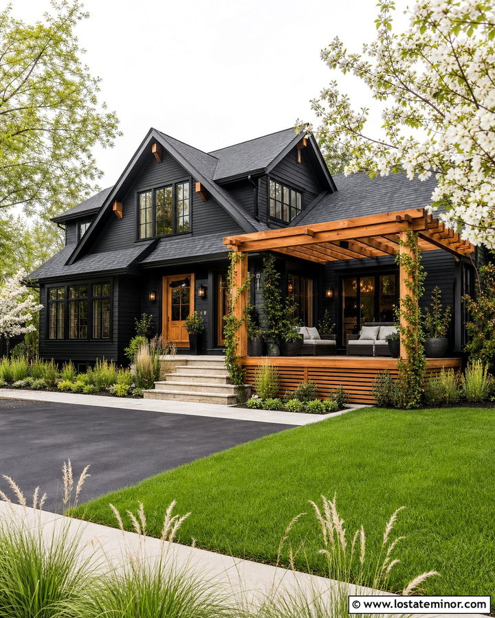 Jet Black House With Pergola Deck - 30 Jet Black House Design With Deck Ideas