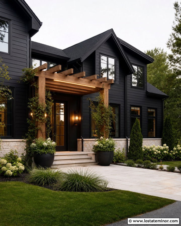Jet Black House With Pergola Lighting - 30 Jet Black House Design With Lighting Ideas