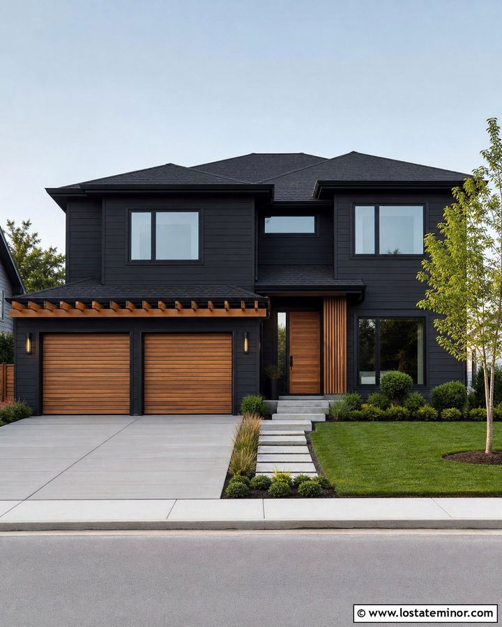 Jet Black House With Pergola Over Garage - 30 Jet Black House Design With Pergola Ideas