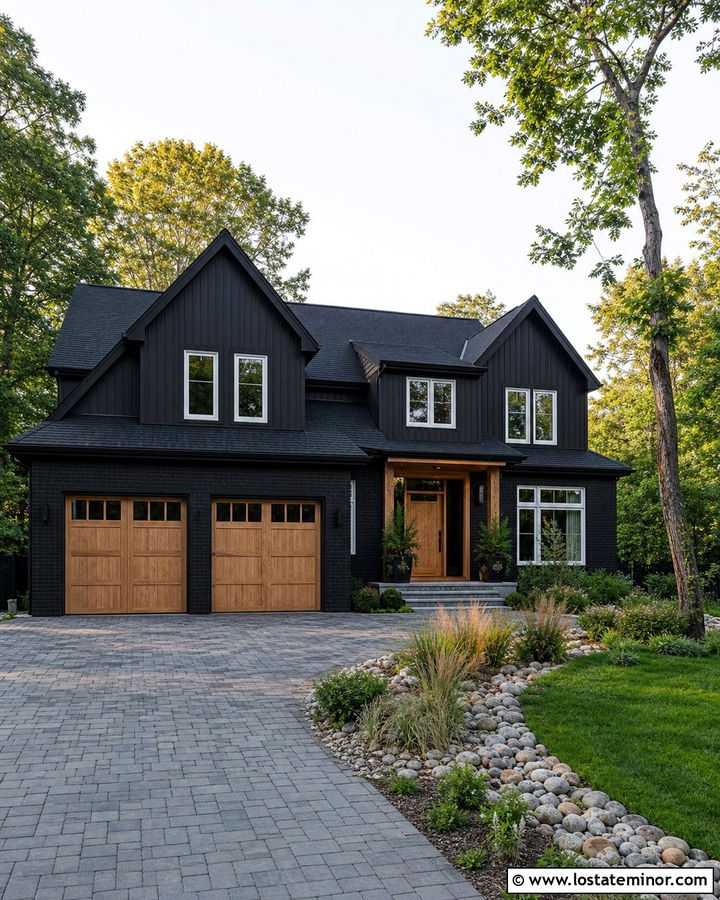 Jet Black House With Permeable Paver Driveway - 30 Jet Black House Design With Driveway Ideas
