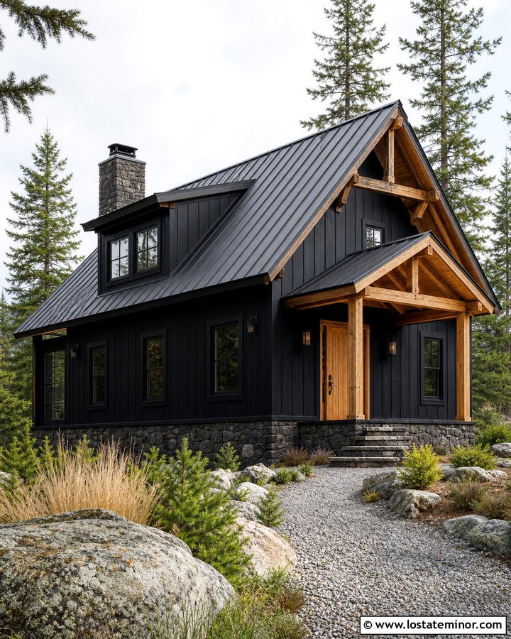 Jet Black House With Pine Porch Ceiling - 30 Jet Black House Design With Porch Ceiling Ideas