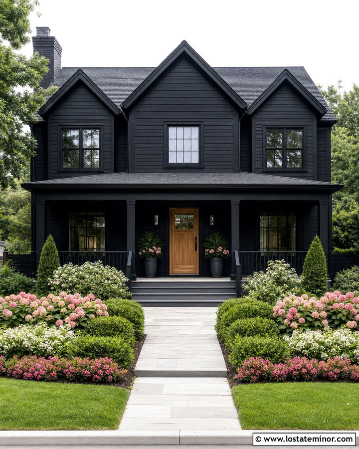 Jet Black House With Pink Flowering Shrubs - 30 Jet Black House Design With Landscaping Ideas