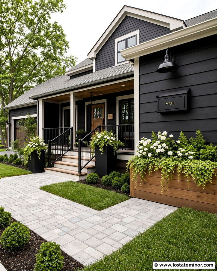 Jet Black House With Planter Mailbox - 30 Jet Black House Design With Mailbox Ideas
