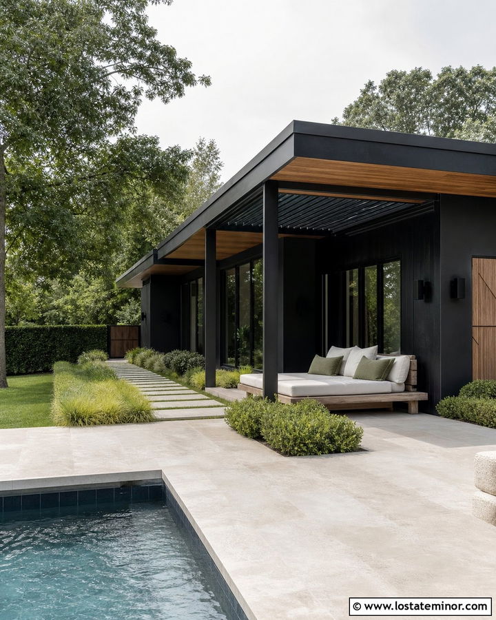 Jet Black House With Poolside Daybed - 30 Jet Black House Design With Daybed Ideas