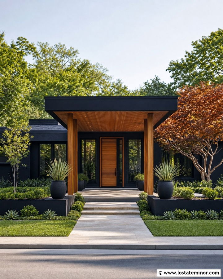 Jet Black House With Portico And Courtyard - 30 Jet Black House Design With Portico Ideas