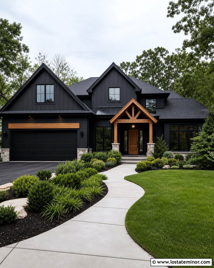 Jet Black House With Portico And Garage - 30 Jet Black House Design With Portico Ideas