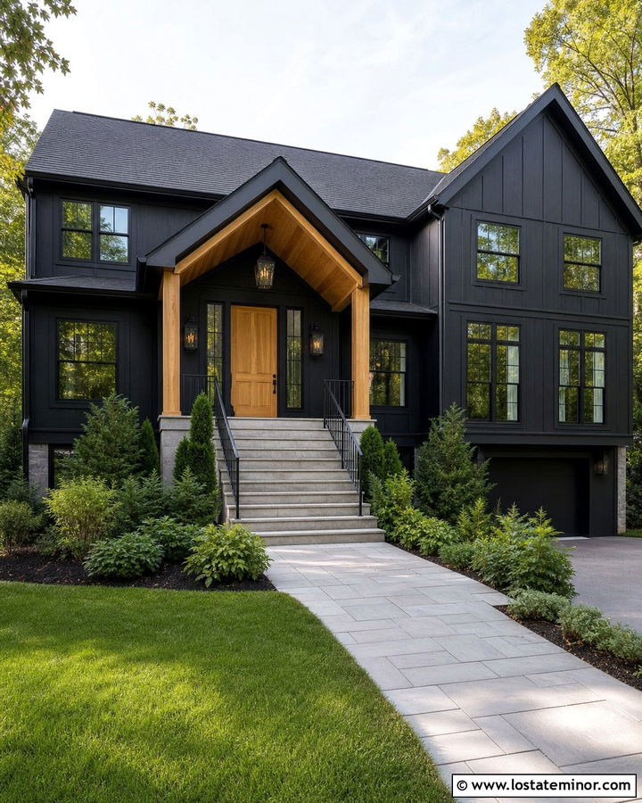 Jet Black House With Portico And Metal Railings - 30 Jet Black House Design With Portico Ideas